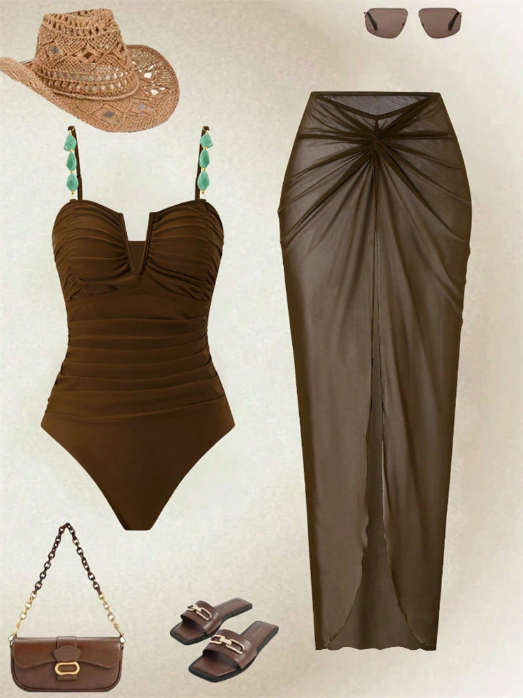 Pencil Skirt Midi - Vintage Coffee Mesh Long Skirt Swimwear