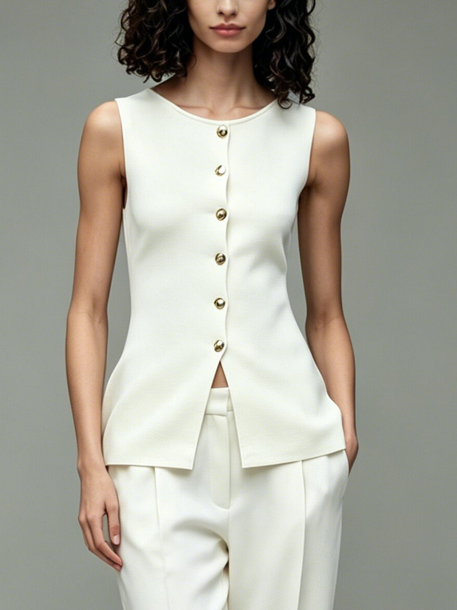 Women Formal Office Wear Tops - LIMO Knit Sleeveless Button Down Blouse
