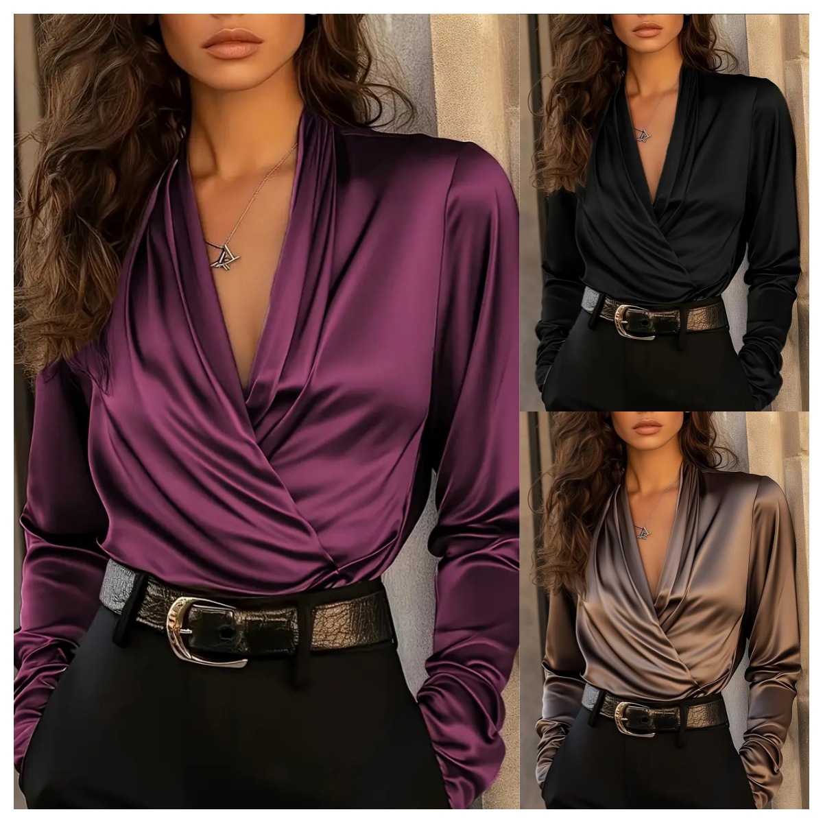 Women's Satin Wrap V Neck Long - Women Formal Office Wear Tops avaliação e preço