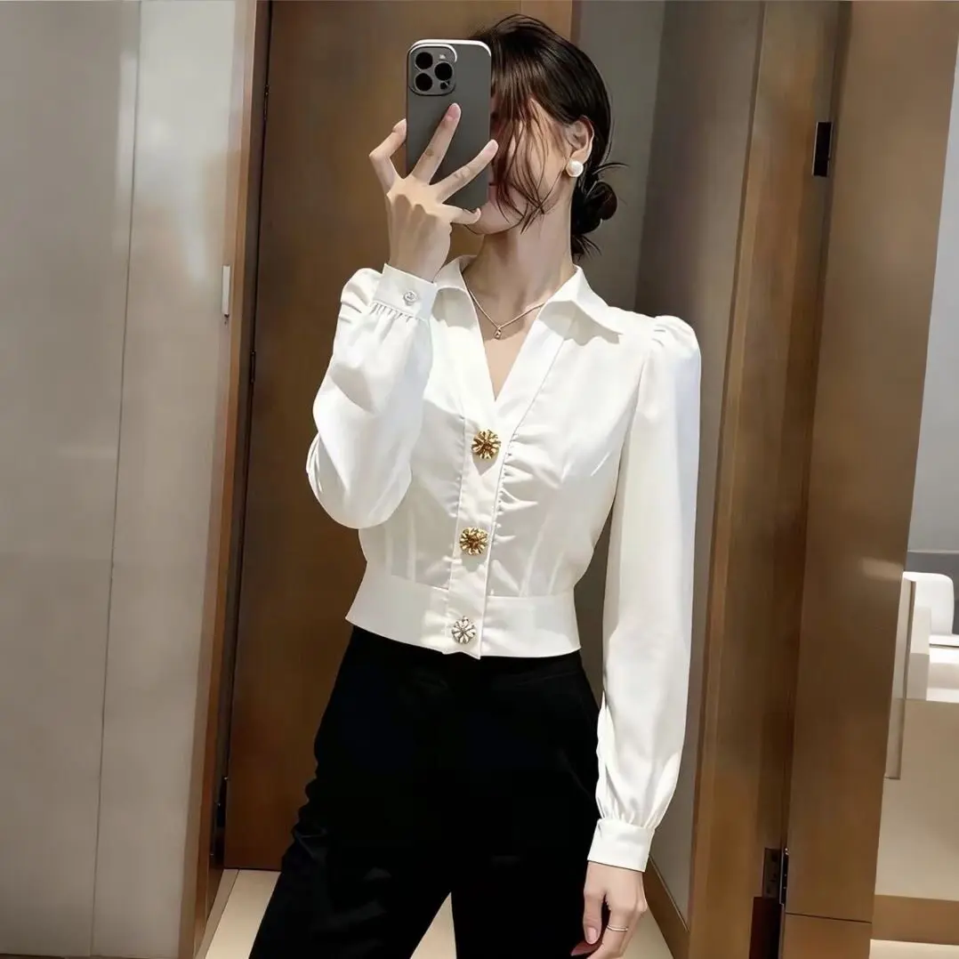Elegant White Shirt V Neck Blo - Women Formal Office Wear Tops avaliação e preço