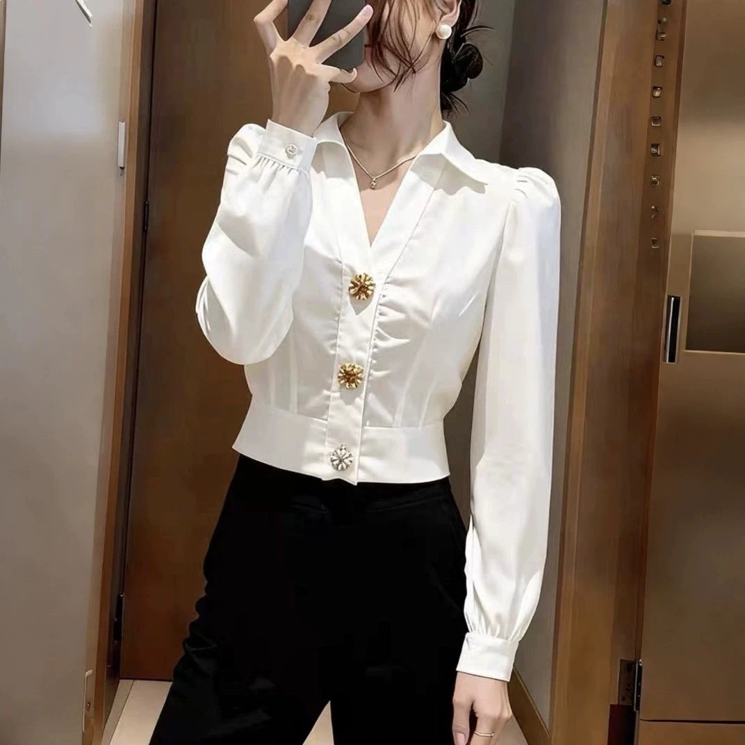 Elegant White Shirt V Neck Blo - Women Formal Office Wear Tops avaliação e preço